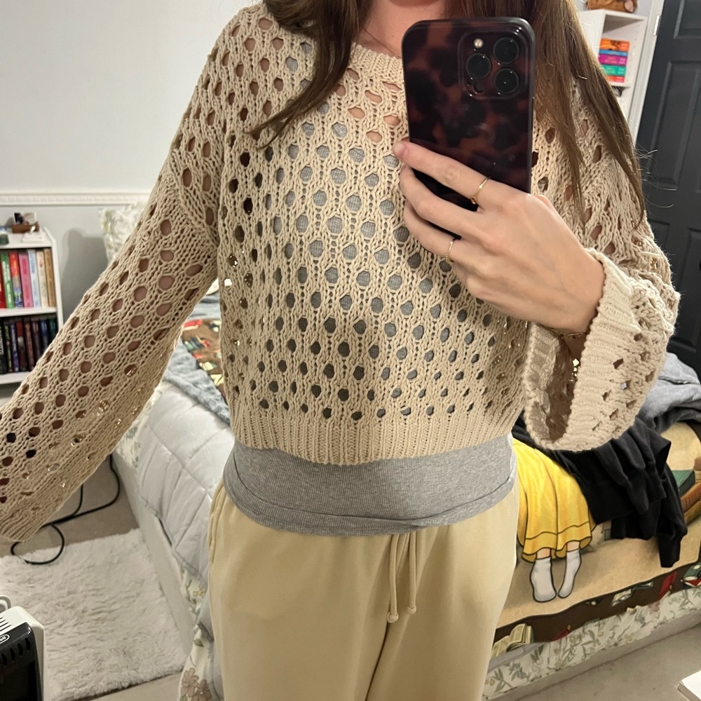 Arizona Jean Company Tan Open-Knit Top Cropped M NWOT